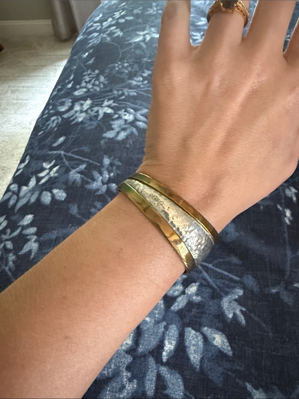 Peter Drucker signed Bronze on Sterling Hammered Asymmetrical Cuff Bracelet